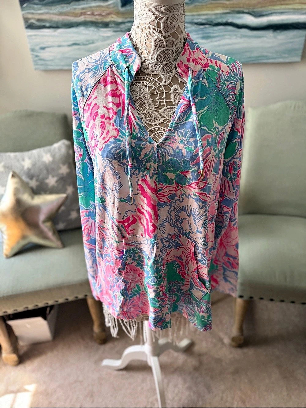 Lilly Pulitzer Abstract Print Top in Pink & Blue XL Like New